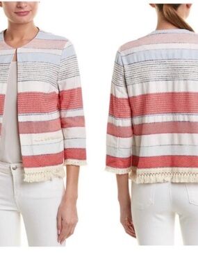 J. McLaughlin cardigan jacket Large CHiC Stripe Davis Fringe Crop Open cotton